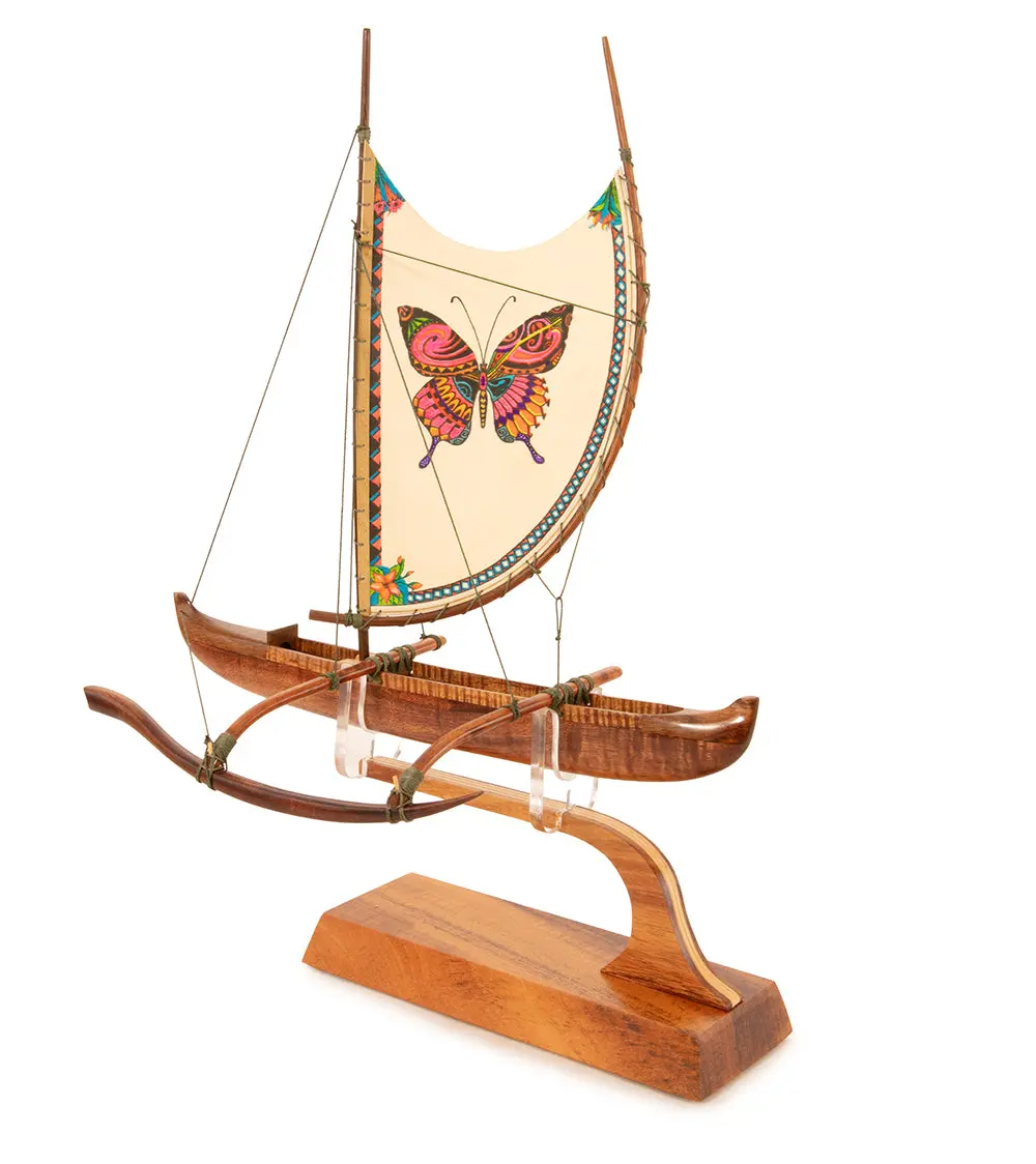 Koa 12" Canoe "Hawaiian Fishing" With Hand-Painted Sail By Francis Pimmel 1