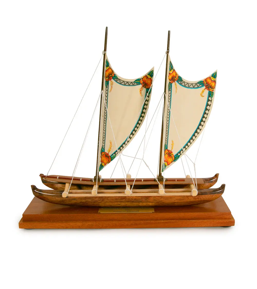 Koa 11.5”L Canoe "Hawaiian Voyage 2 Hull Sail/Hibiscus" By Francis Pimmel - Pimm46485c 1