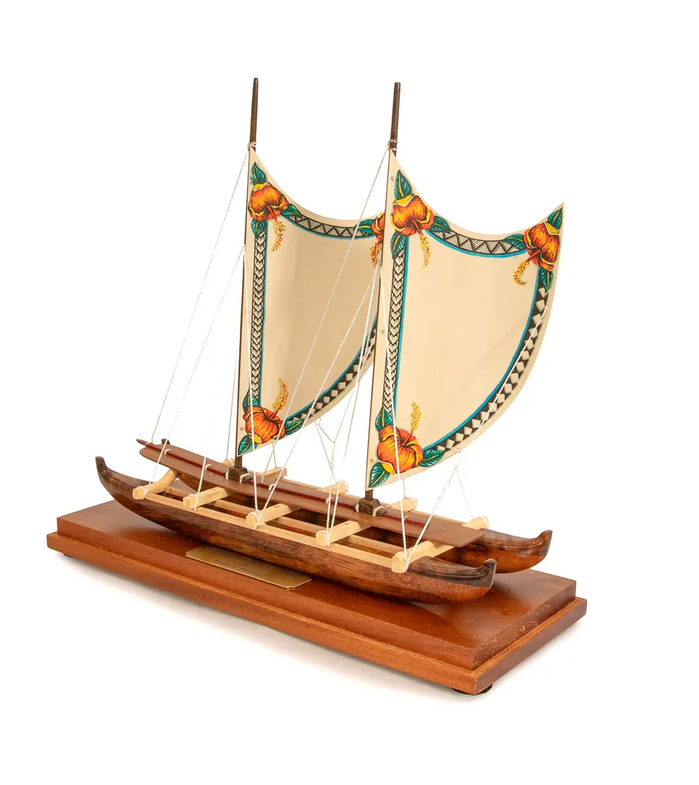 Koa 11.5”L Canoe "Hawaiian Voyage 2 Hull Sail/Hibiscus" By Francis Pimmel - Pimm46485c 2