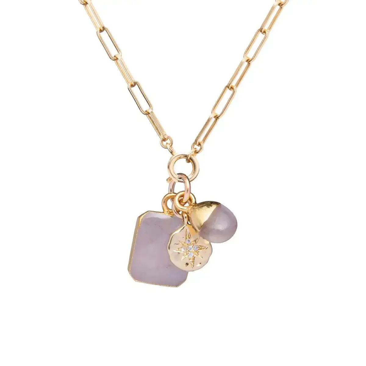Rose Quartz Gem Slice Triple Chunky Chain Necklace Star Coin - Love (Gold Plated) 1