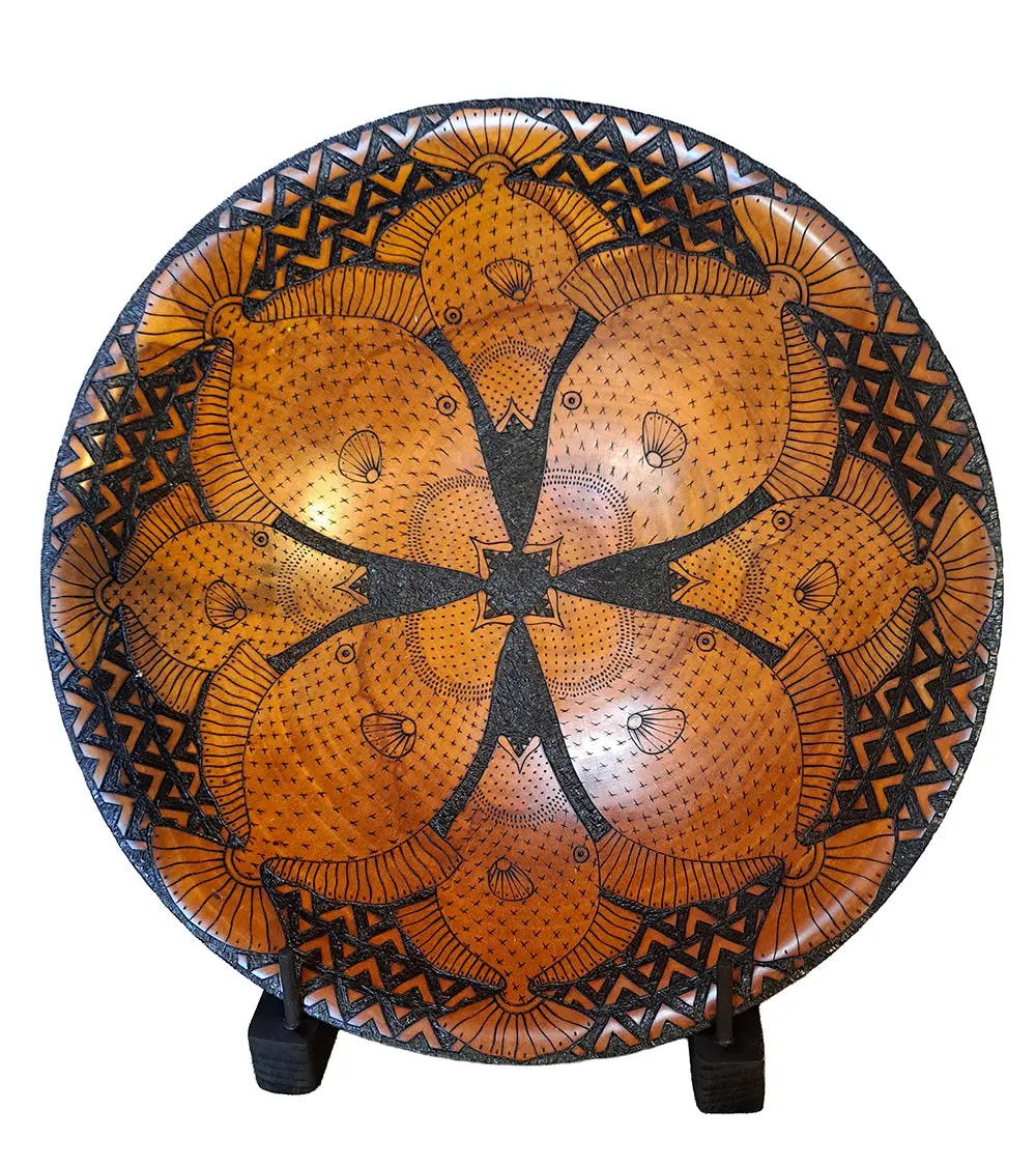 Pyrography Cook Pine Platter With Stand "Humu Blossom" #860 1