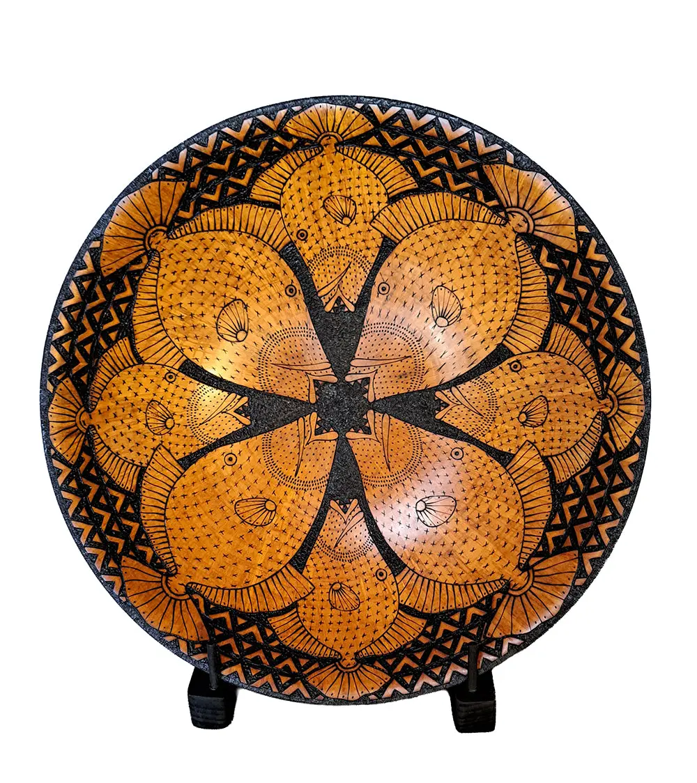 Pyrography Cook Pine Platter With Stand "Humu Blossom" #861 1