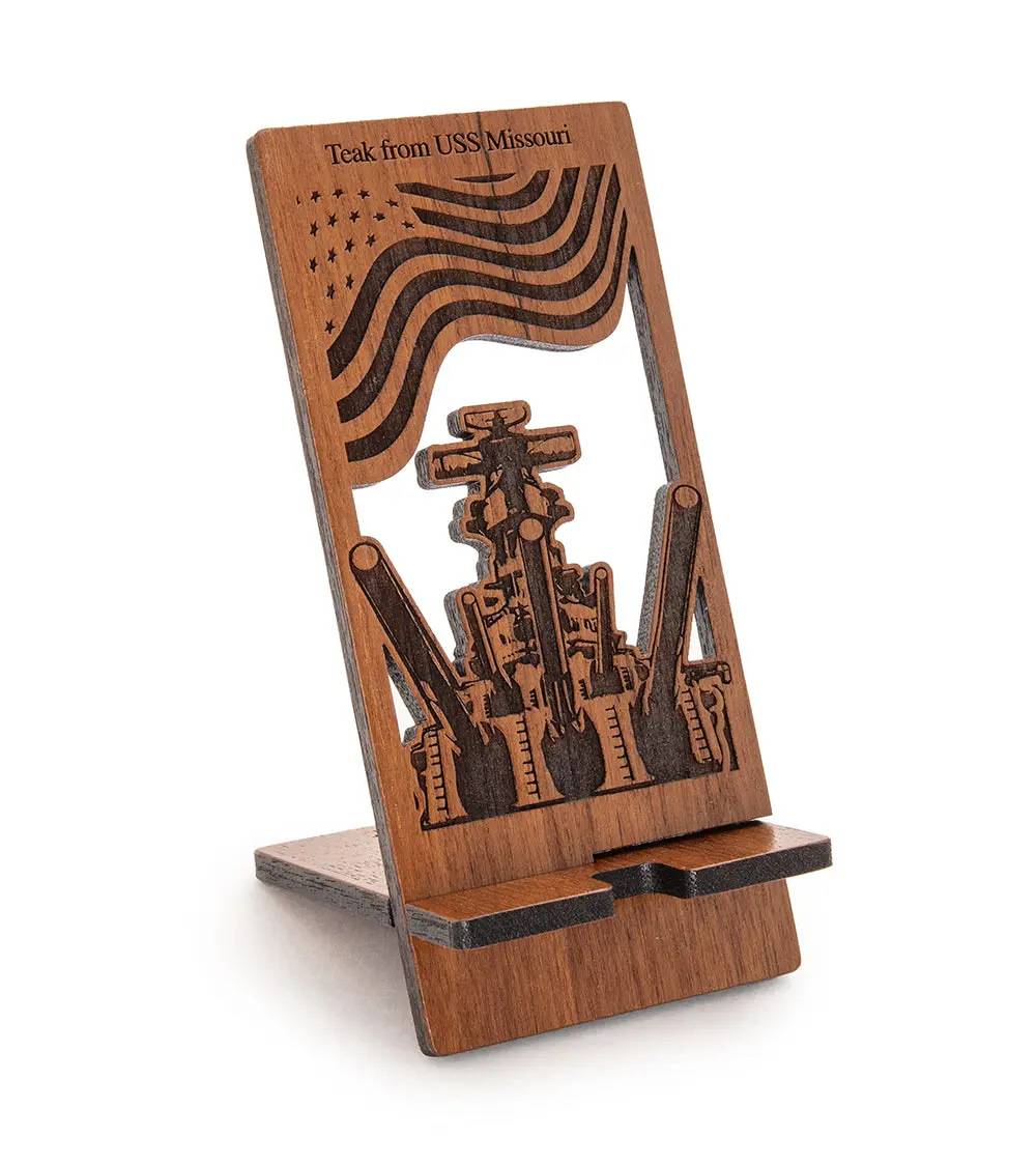 Uss Missouri Teak Mobile Phone Chair, Flag And Guns 1