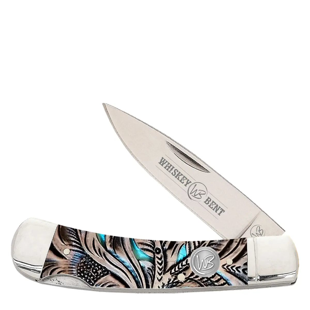 Whiskey Bent Trapper Pocket Knife Single Locking Blade - Floral Turquoise 1