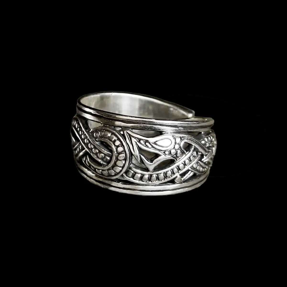 Silver Openwork Ringerike Viking Dragon Ring 2