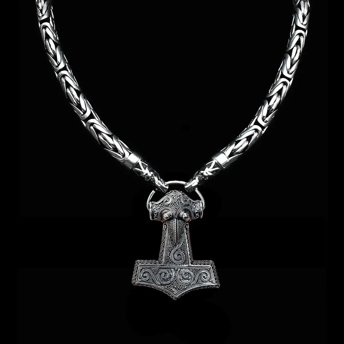 10Mm Silver King Chain Necklace With Gotland Dragon Heads 1