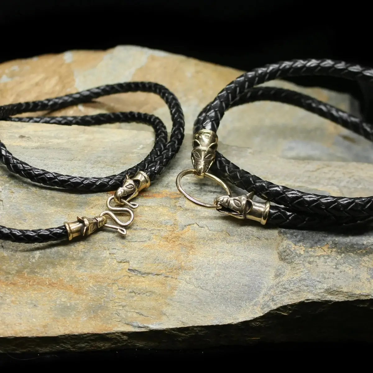 Braided Leather Necklace With Bronze Icelandic Wolf Heads 1