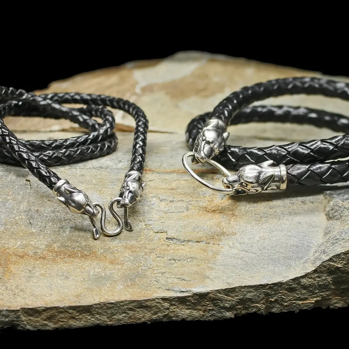 Braided Leather Necklace With Silver Ferocious Wolf Heads 1