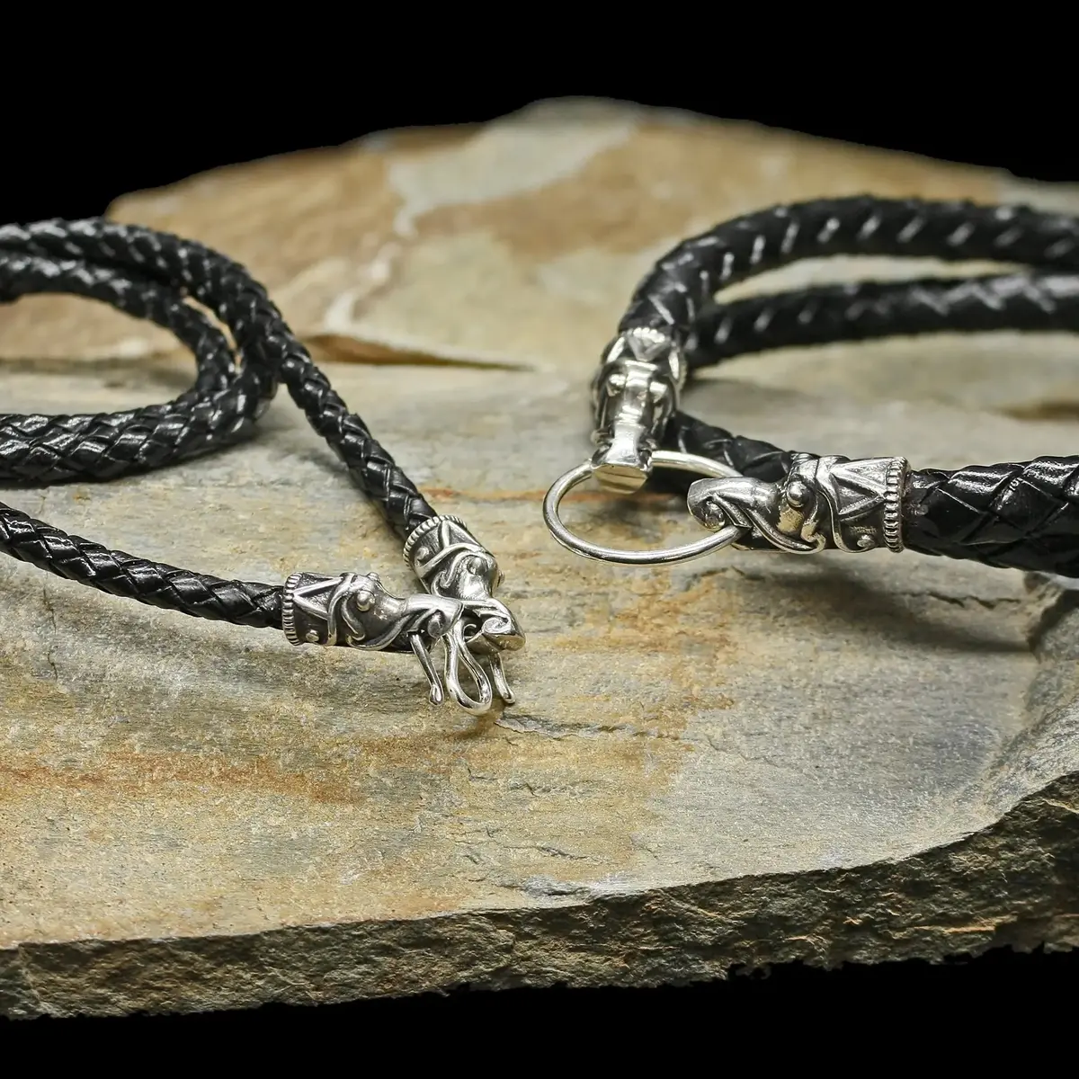 Braided Leather Necklace With Silver Gotlandic Dragon Heads 1