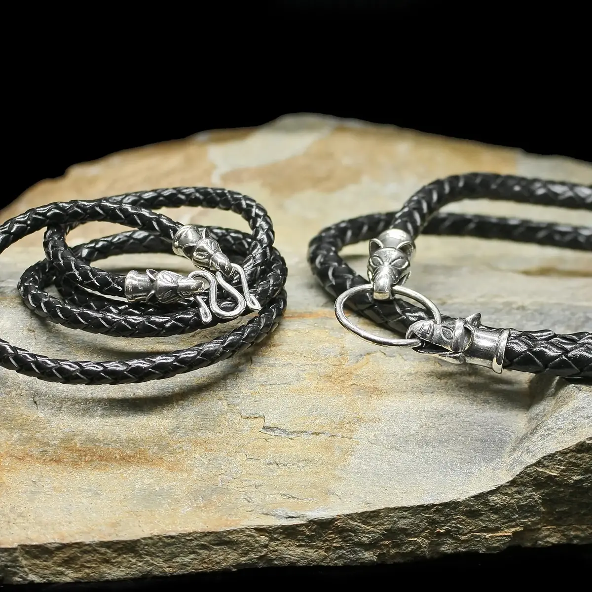 Braided Leather Necklace With Silver Icelandic Wolf Heads 1