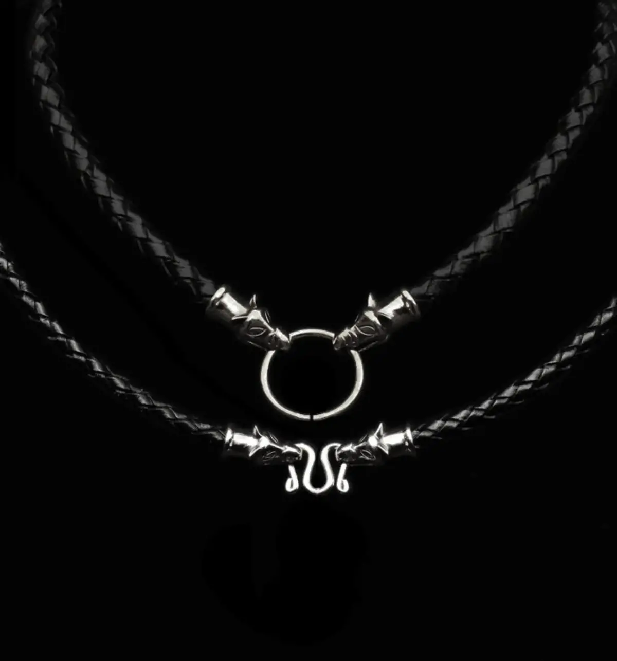 Braided Leather Necklace With Silver Icelandic Wolf Heads 2
