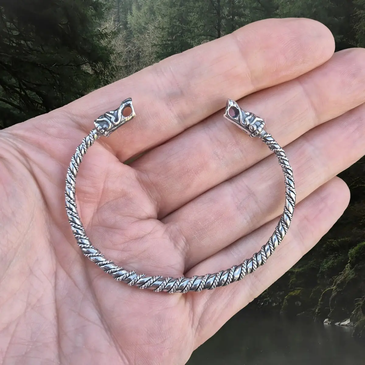 Slim Twisted Silver Bracelet With Gotlandic Dragon Heads 1