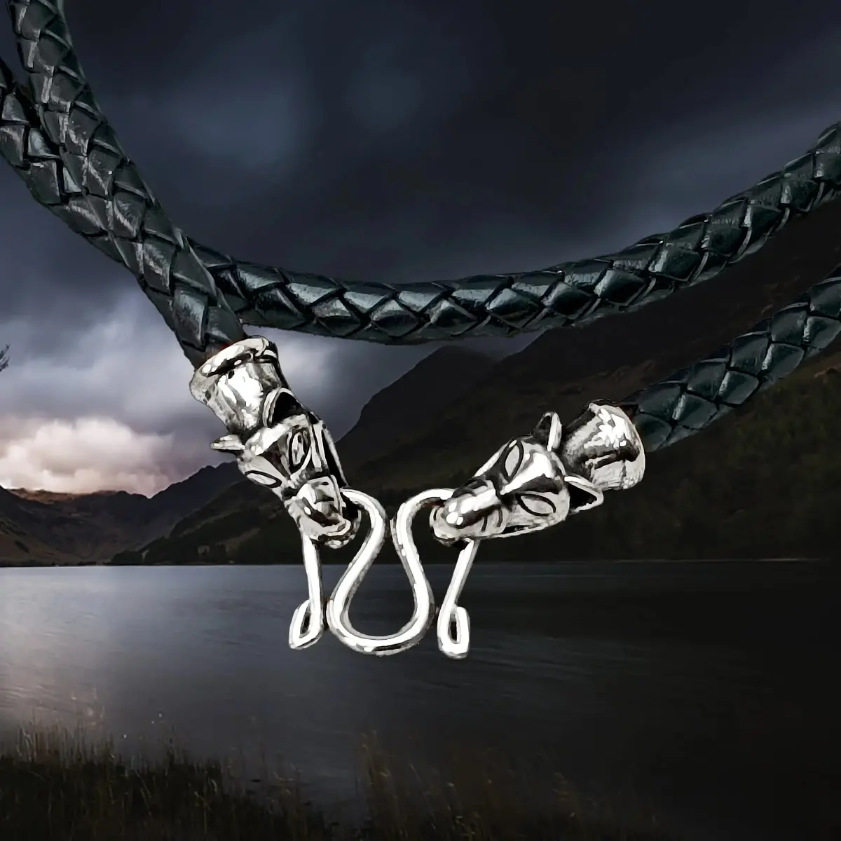 Braided Leather Necklace With Silver Icelandic Wolf Heads 3