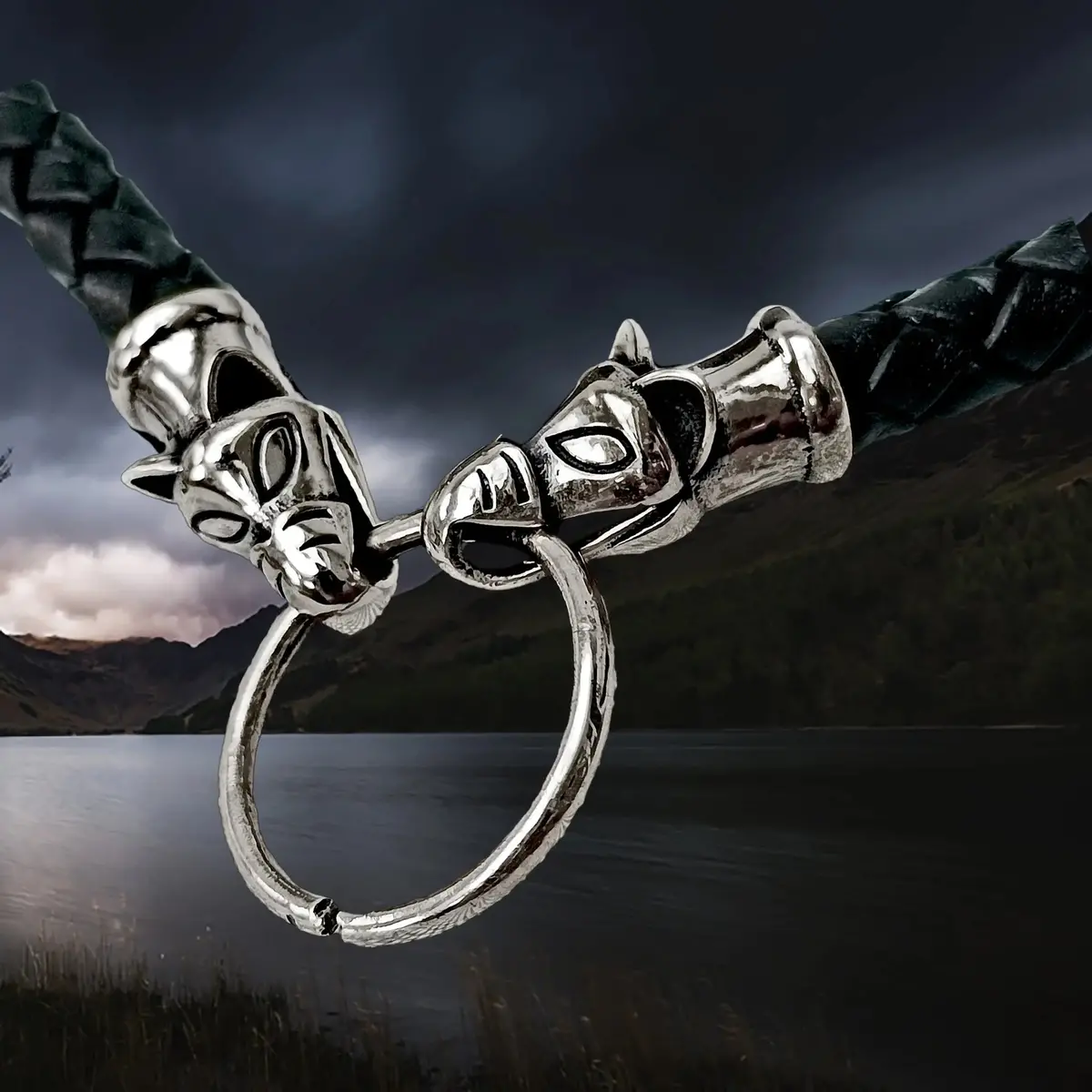 Braided Leather Necklace With Silver Icelandic Wolf Heads 4
