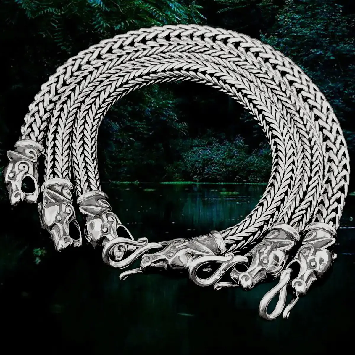 8Mm Silver Snake Bracelet With Ferocious Wolf Heads 1