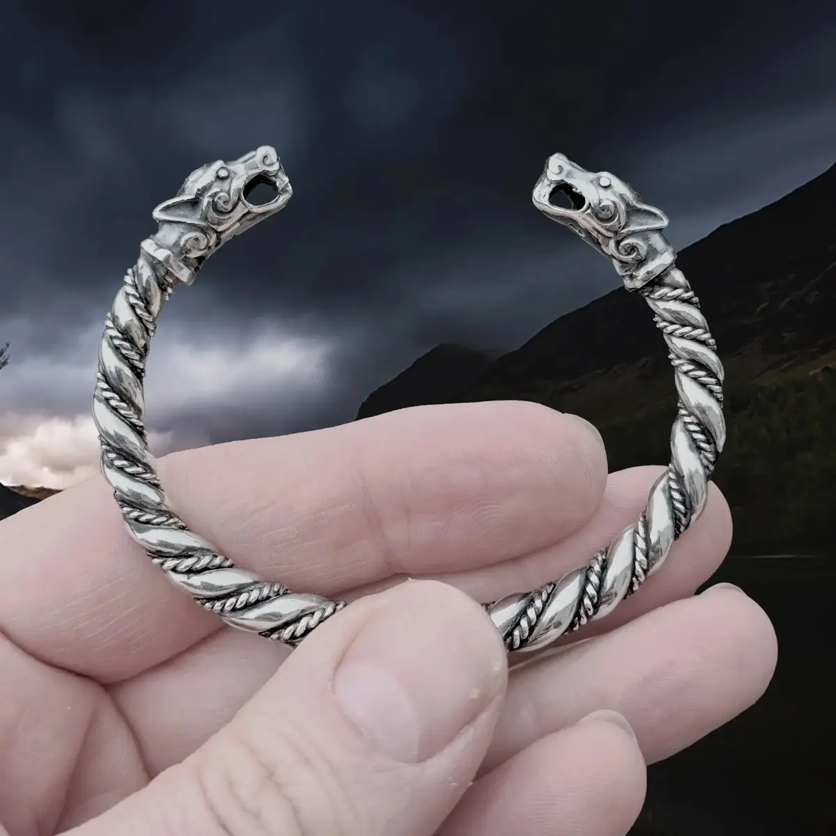 Twisted Silver Viking Bracelet / Arm Ring With Ferocious Wolf Heads 1