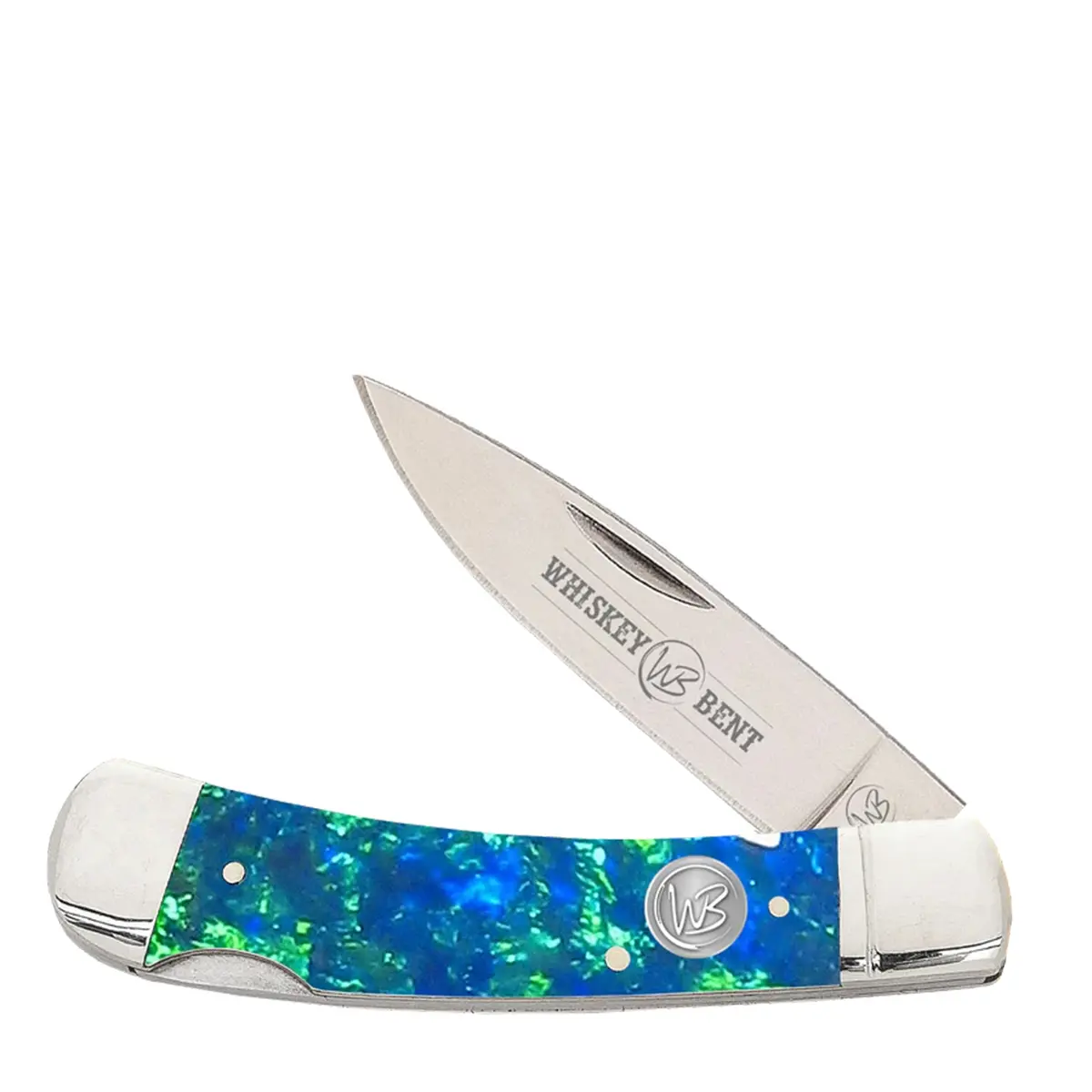 Whiskey Bent Trapper Pocket Knife Single Locking Blade - Blue Green Opal 1