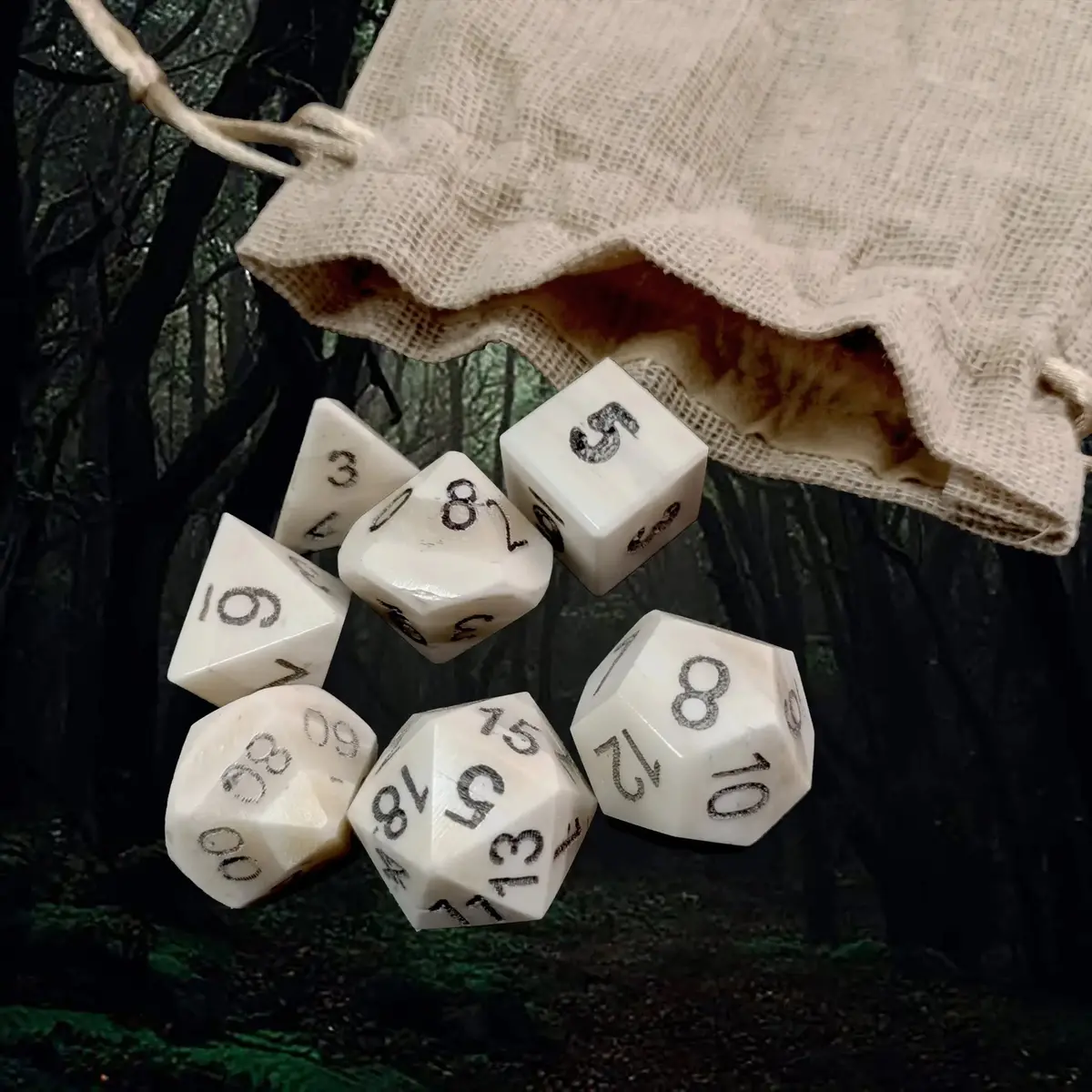 Large Cow Bone Authentic D&D Dice Set With Hessian Pouch 1