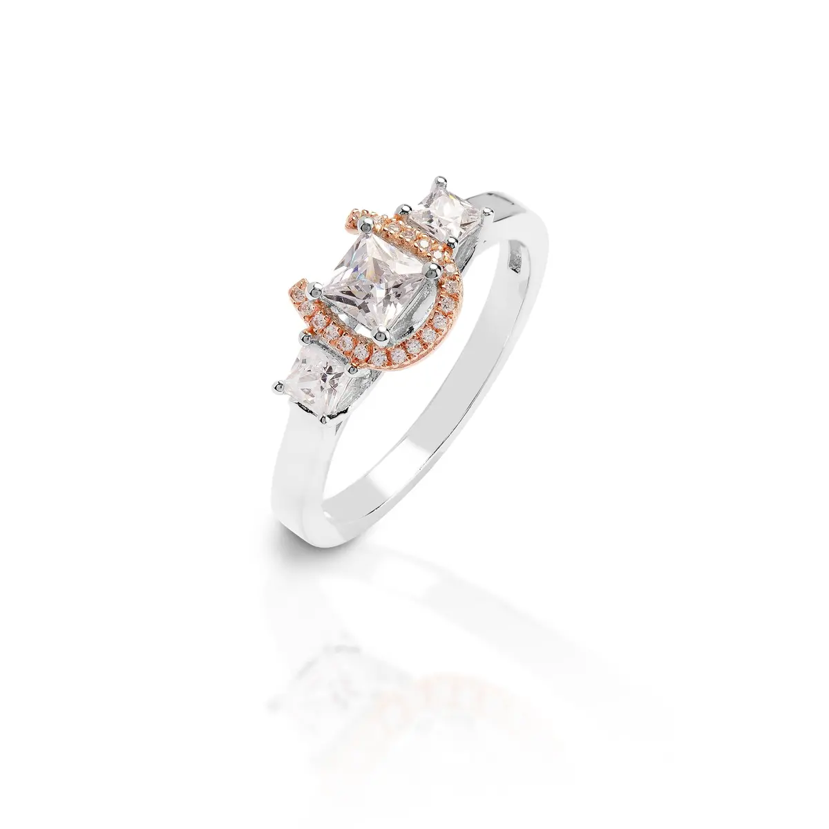 Kelly Herd Small Princess Cut Three Stone Horseshoe Ring With Rose Gold Plated Horseshoe - Sterling Silver 1