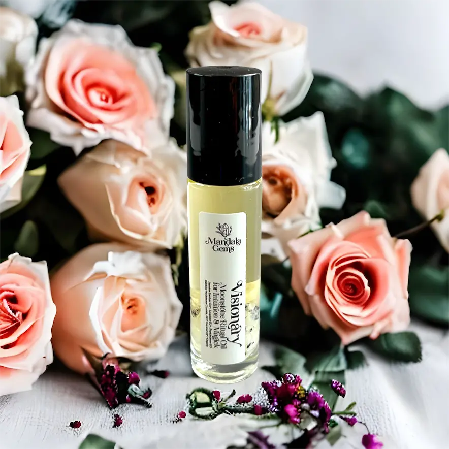 Visionary Jasmine Perfume Oil Roller With Rainbow Moonstone Crystals 1