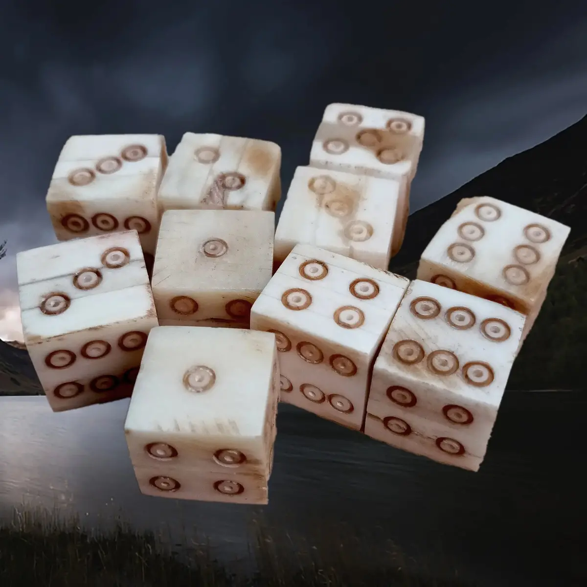 Large Bone Dice With Brown Dot And Rings Marks 1