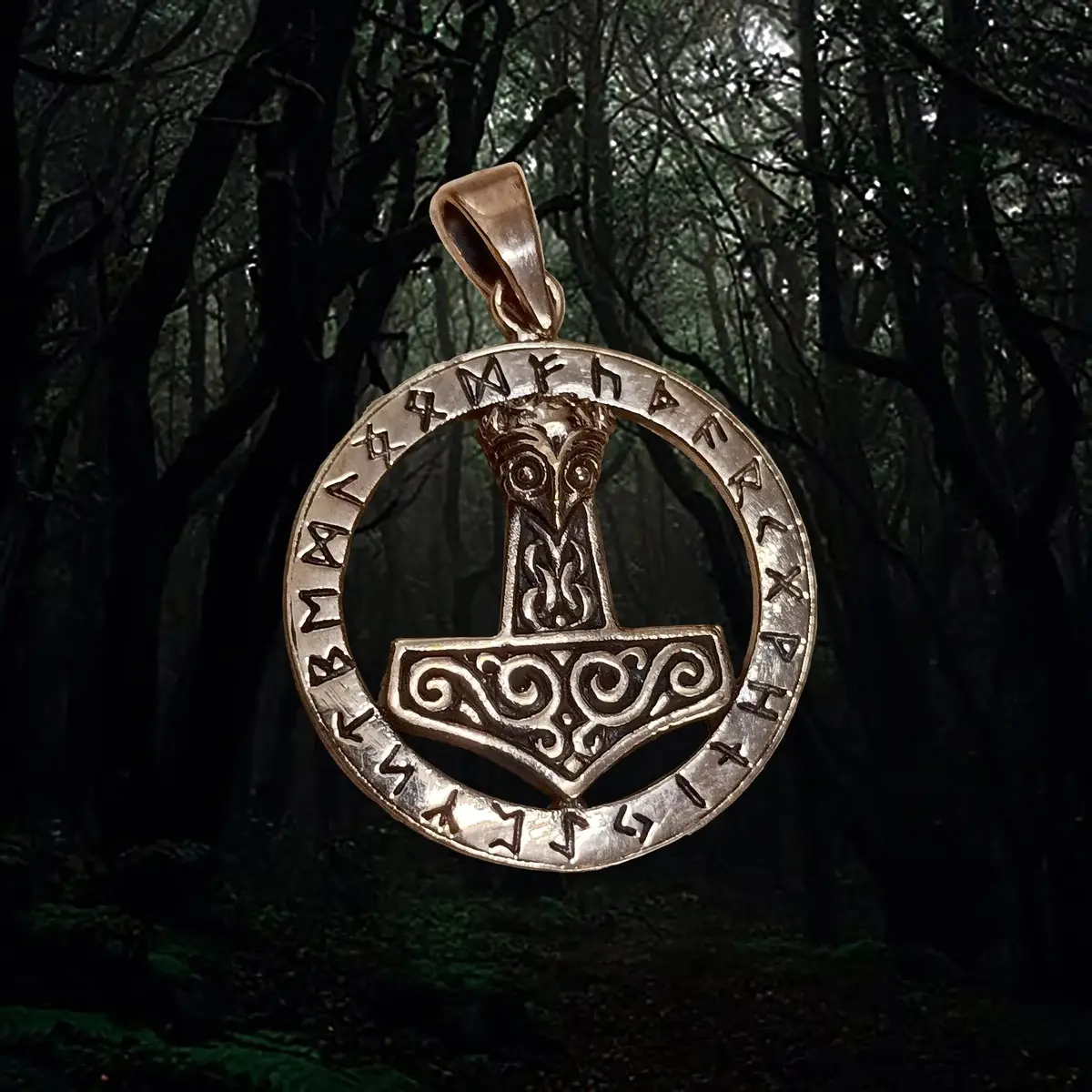 Round Bronze Runic Thors Hammer Pendant 1