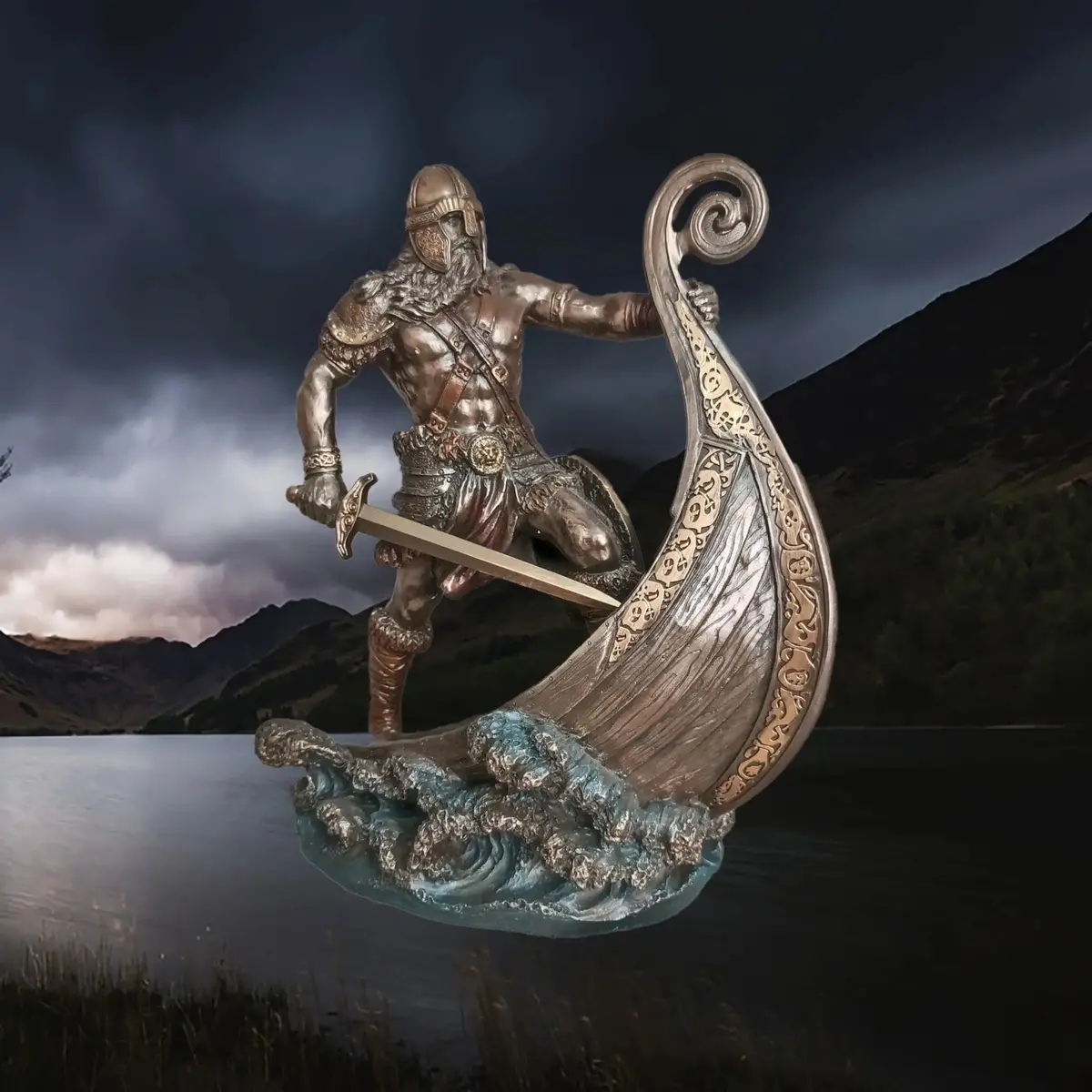 Large Resin Norse Viking Warrior Statue On Longship 1
