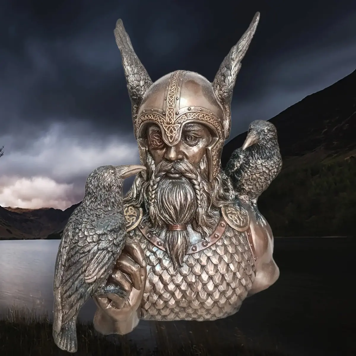 Large Resin Odin & Ravens Bust Statue - Norse God Mythology 1