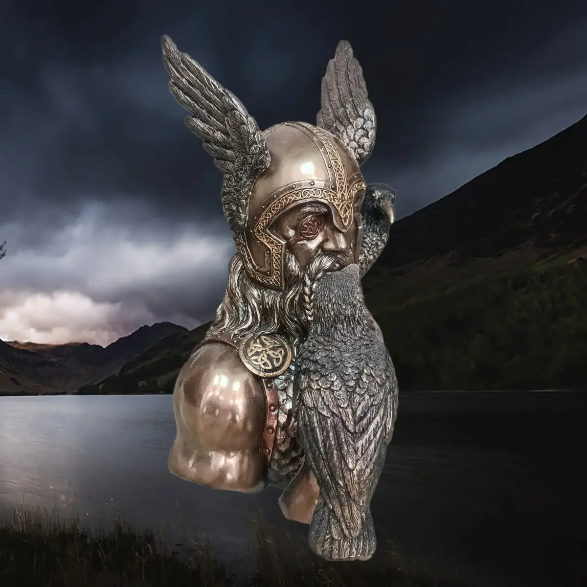 Large Resin Odin & Ravens Bust Statue - Norse God Mythology 2