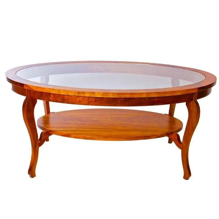 Oval Coffee Table. Glass Top. Corbel Koa Shelf 1