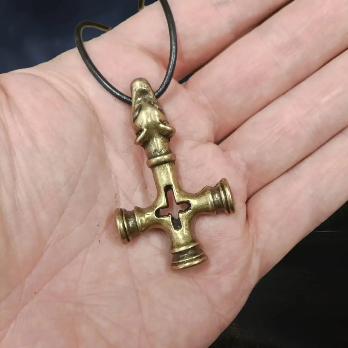Viking Age Replica - Large Brass Wolf Cross Thor's Hammer Pendant 1