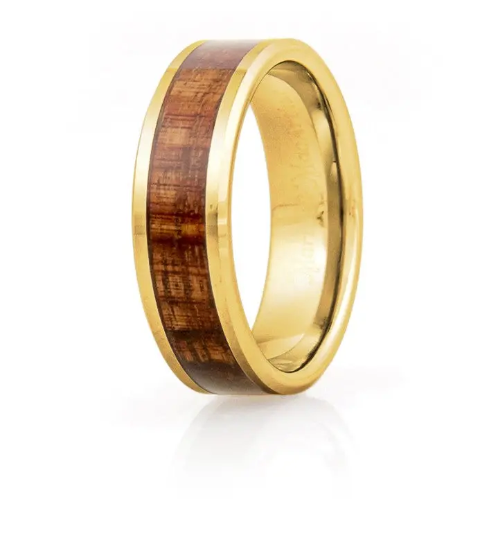 Gold-Inlaid Beveled Koa Wood Eternity Band