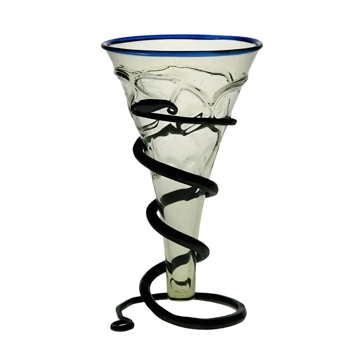 Viking Age Replica Decorated Cone Glass With Blue Rim & Iron Stand 1
