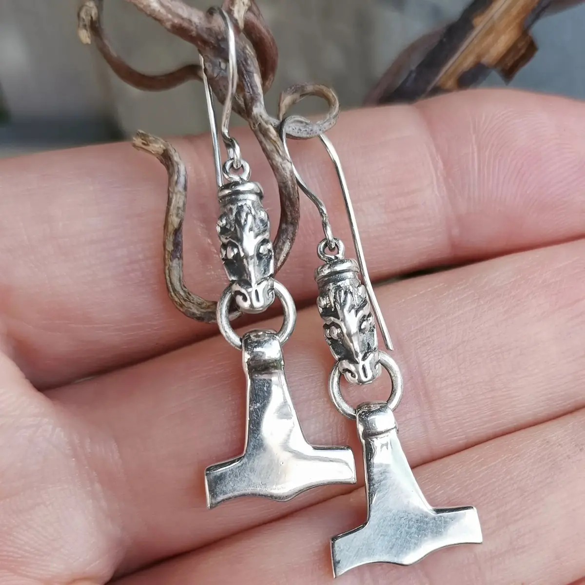 Silver Gotland Dragon Thors Hammer Earrings 1