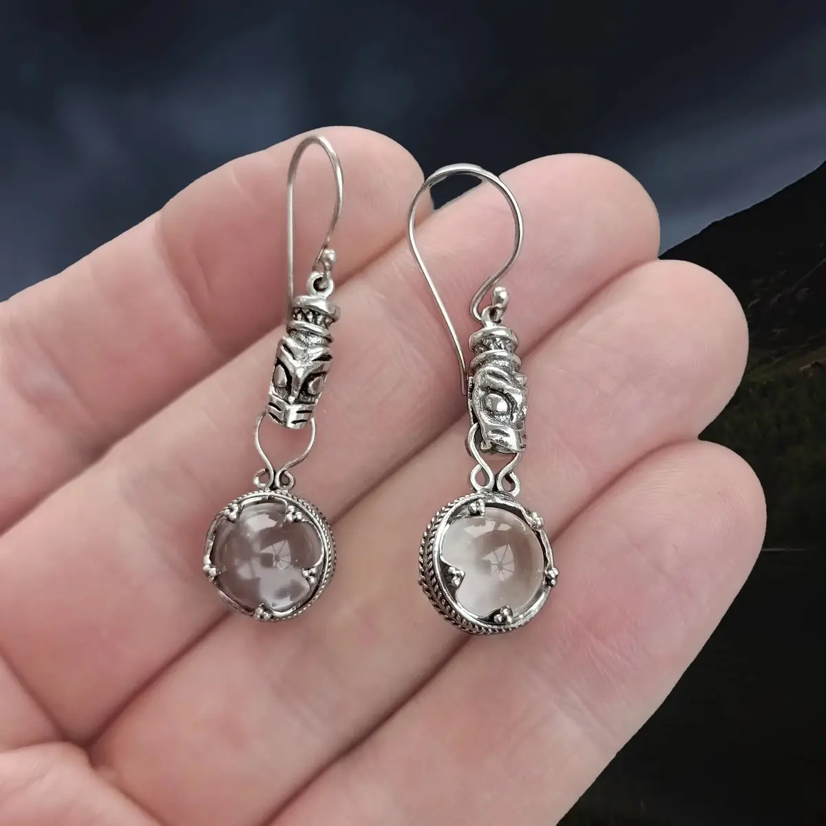 Silver Icelandic Wolf Head Crystal Ball Earrings 1