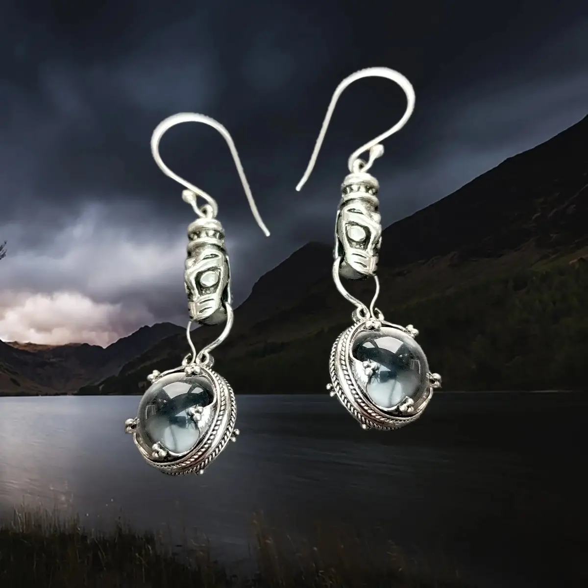Silver Icelandic Wolf Head Crystal Ball Earrings 2