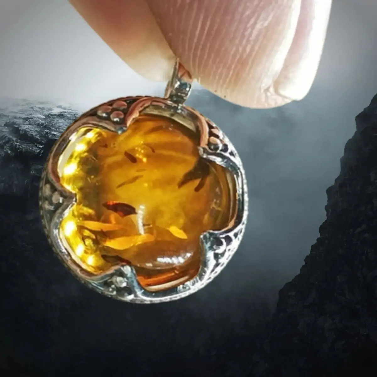 Silver Gotland Filigree Amber Ball Pendant 1