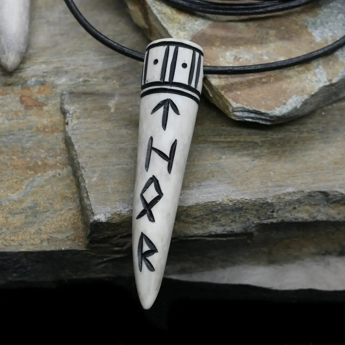 Thor Antler Runic Pendant On Leather Thong 1