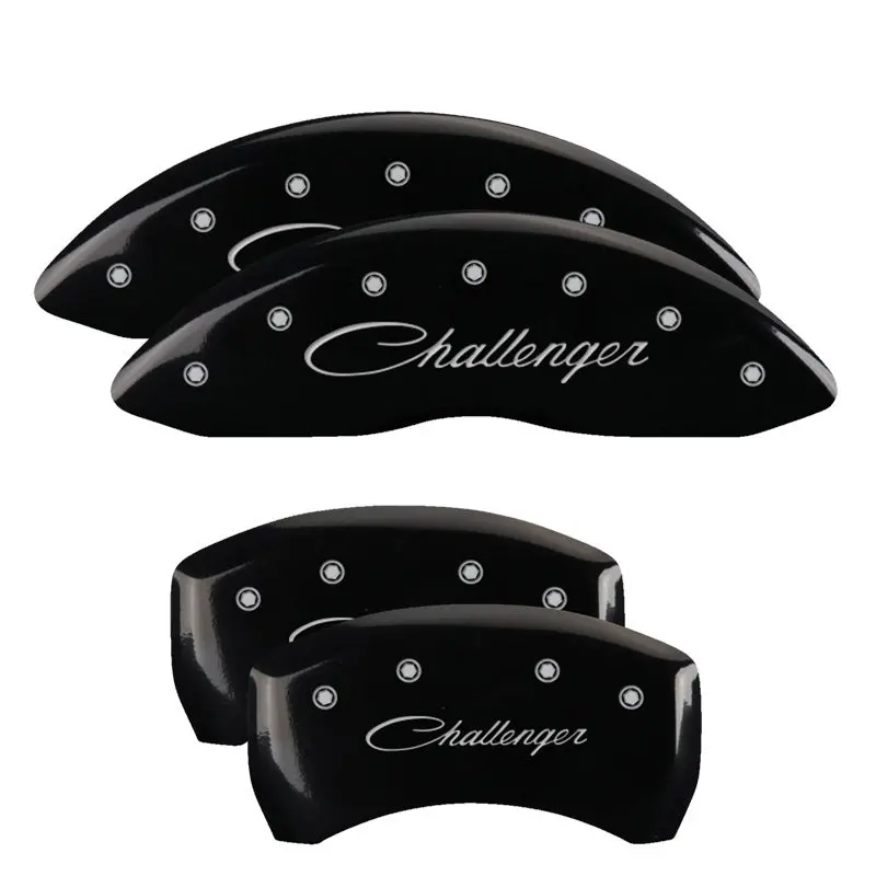 Mgp Engraved 4-Piston Caliper Covers – Front & Rear, Cursive/Challenger Design, Black Base W/ Silver Accents 1