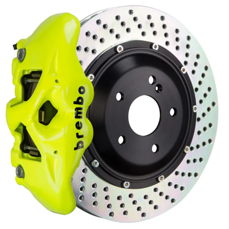 Brembo Gt Braking System – Rear 4-Piston Calipers & Drilled 380X28Mm Two-Piece Rotors For 2006–2009 Porsche 997.1 Gt3 (Fluorescent Yellow) 1